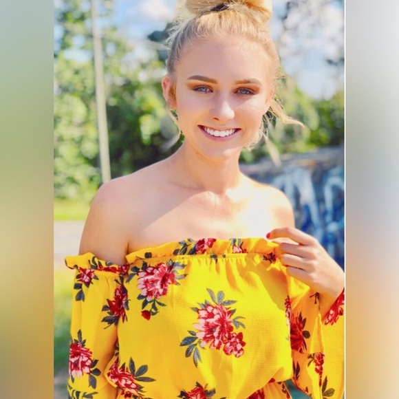 Toxik3 Yellow Floral Off The Shoulder Long Sleeve Romper Size Medium - Picture 3 of 11